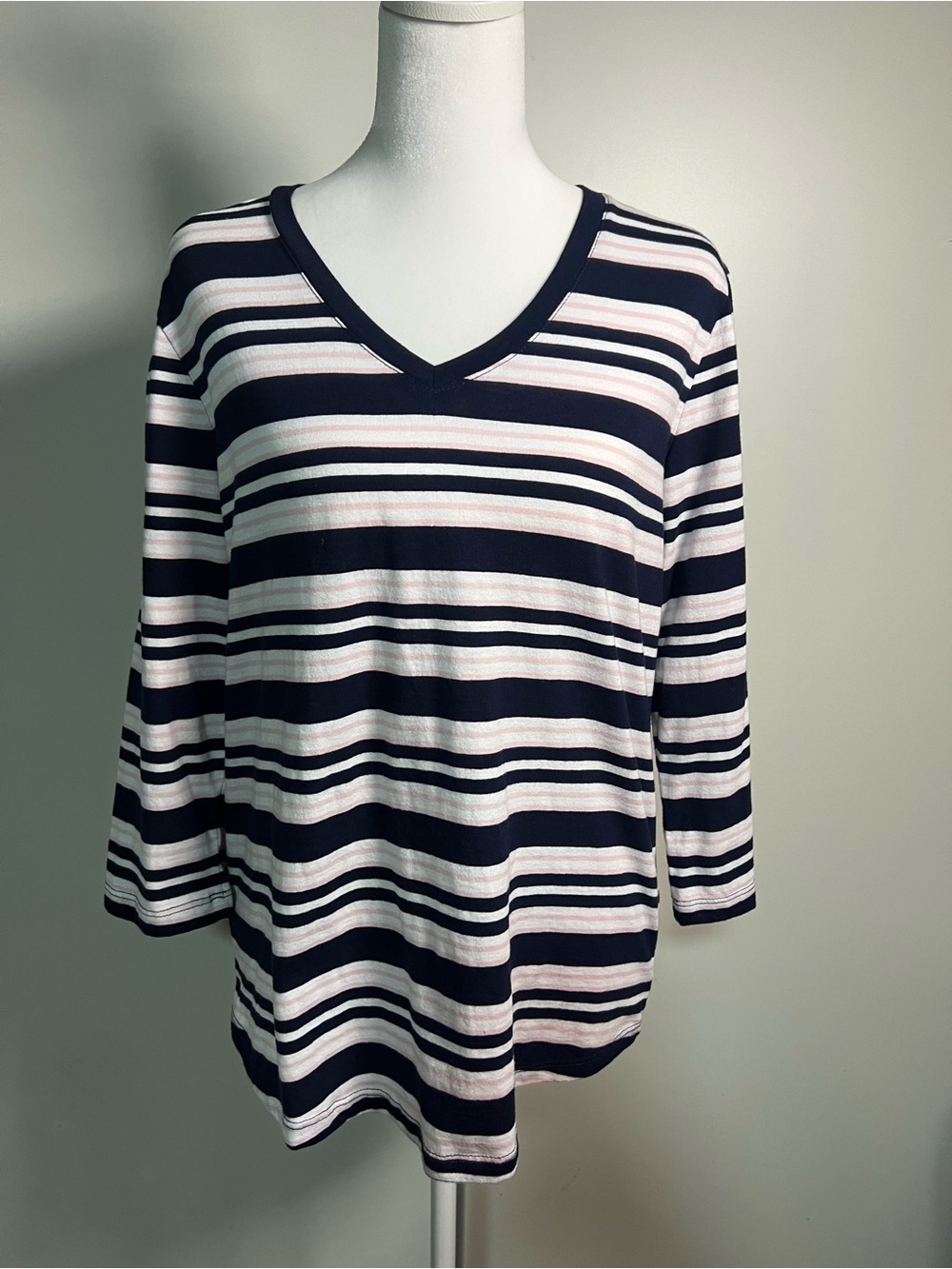 Laura Scott Navy and White Striped V-Neck Long Sleeve Tee